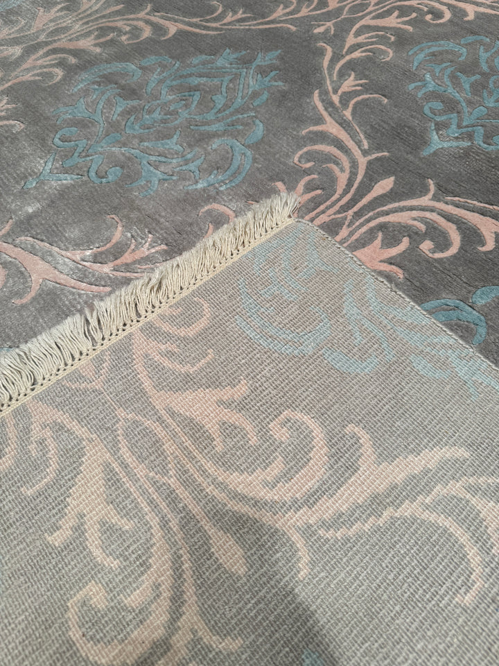 Original Hand Woven Blue Bamboo Carpet with Damask Pattern 170x242 4.08 Square Meters - 5x8 ft