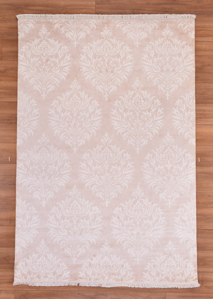 Damask Desenli Orjinal El Dokuması Bej Bambu Halı 165x242 3.99 Metrekare - 5x8 ft