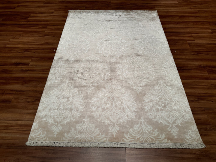 Original Hand Woven Beige Bamboo Carpet with Damask Pattern 165x242 3.99 Square Meters - 5x8 ft