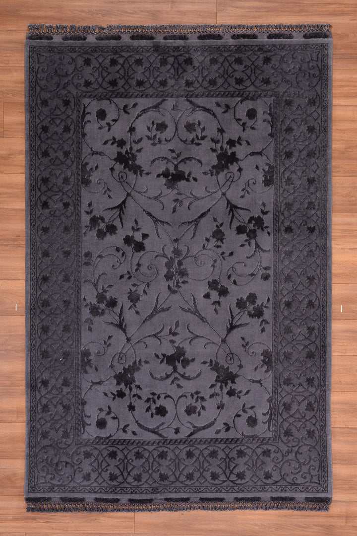 Privat Original Hand Woven Black Wool Silk Carpet 167x246 6.33 Square Meters - 5x8 ft