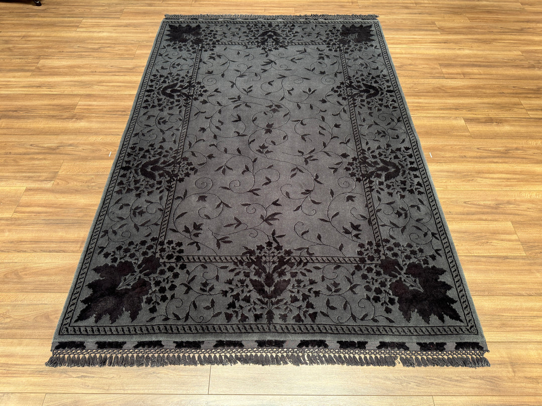 Privat Original Hand Woven Black Wool Silk Carpet 213x297 6.33 Square Meters - 7x10 ft