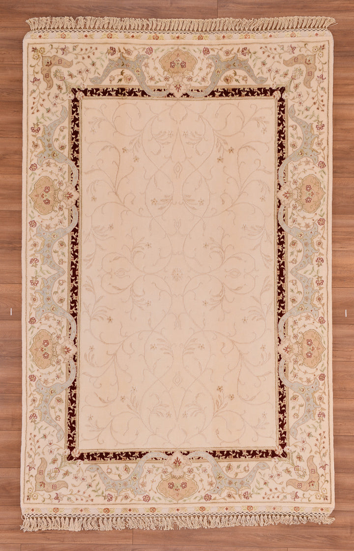 Privat Original Hand Woven Cream Wool Silk Carpet 163x243 3.96 Square Meters - 5x8 ft