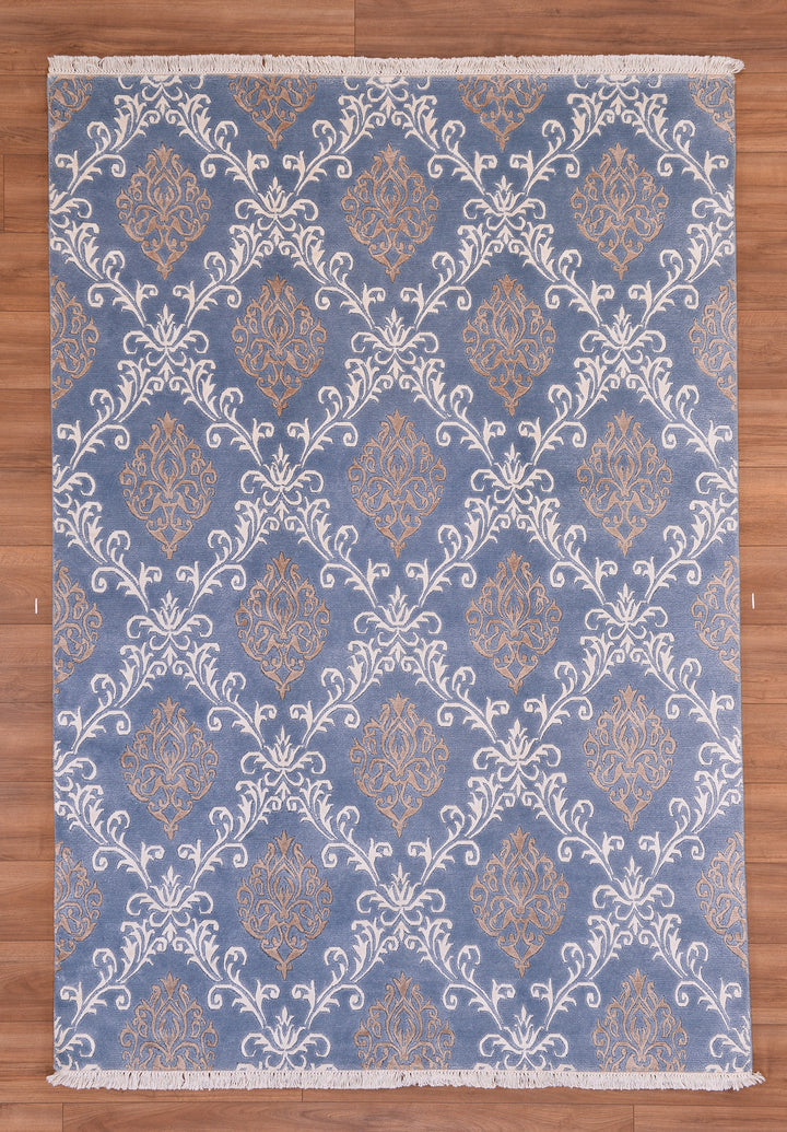 Original Hand Woven Blue Bamboo Carpet with Damask Pattern 170x243 4.13 Square Meters - 5x8 ft