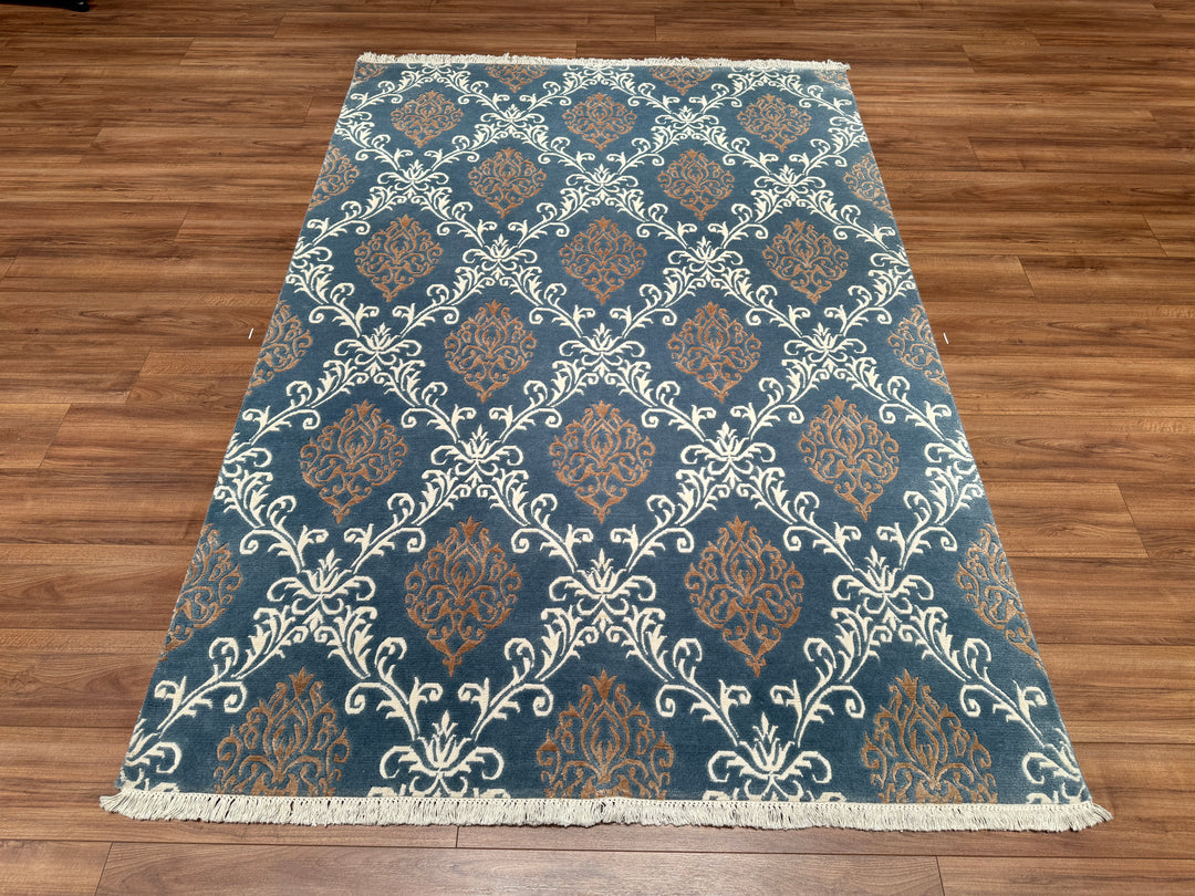 Damask Desenli Orjinal El Dokuması Mavi Bambu Halı 170x243 4.13 Metrekare - 5x8 ft