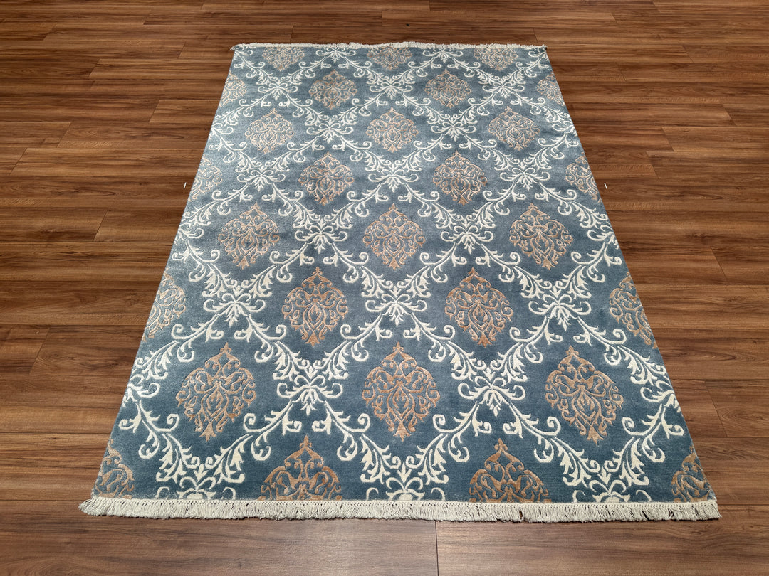 Damask Desenli Orjinal El Dokuması Mavi Bambu Halı 170x243 4.13 Metrekare - 5x8 ft