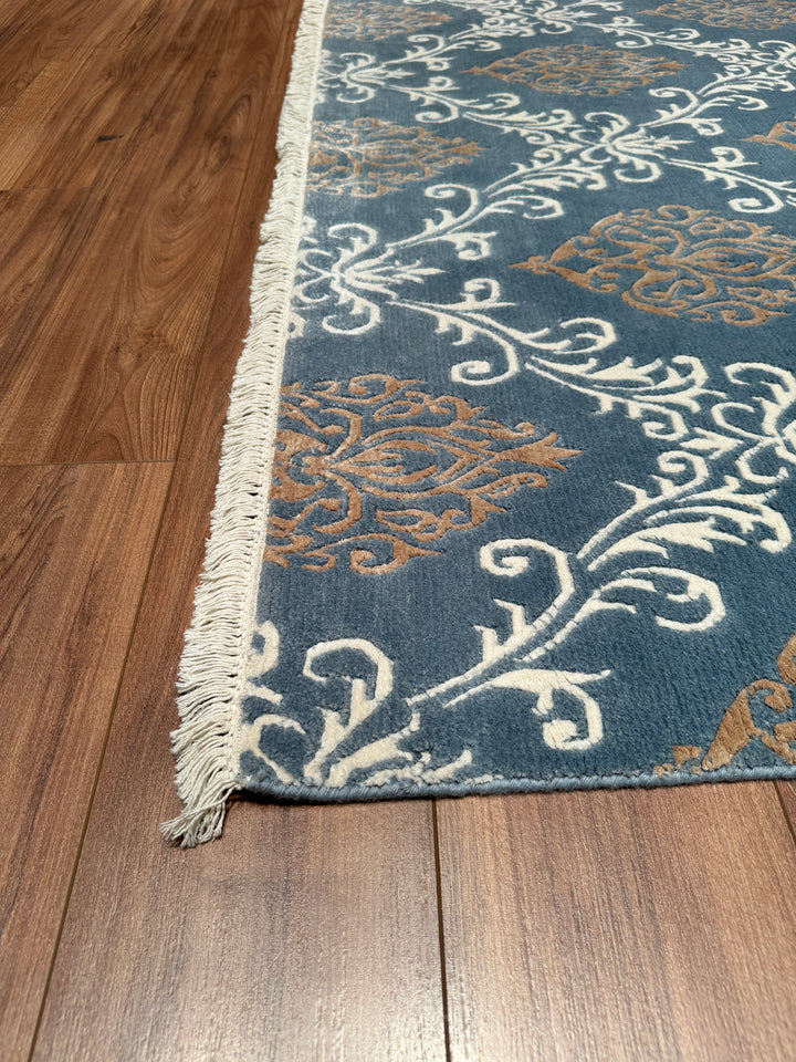 Original Hand Woven Blue Bamboo Carpet with Damask Pattern 170x243 4.13 Square Meters - 5x8 ft