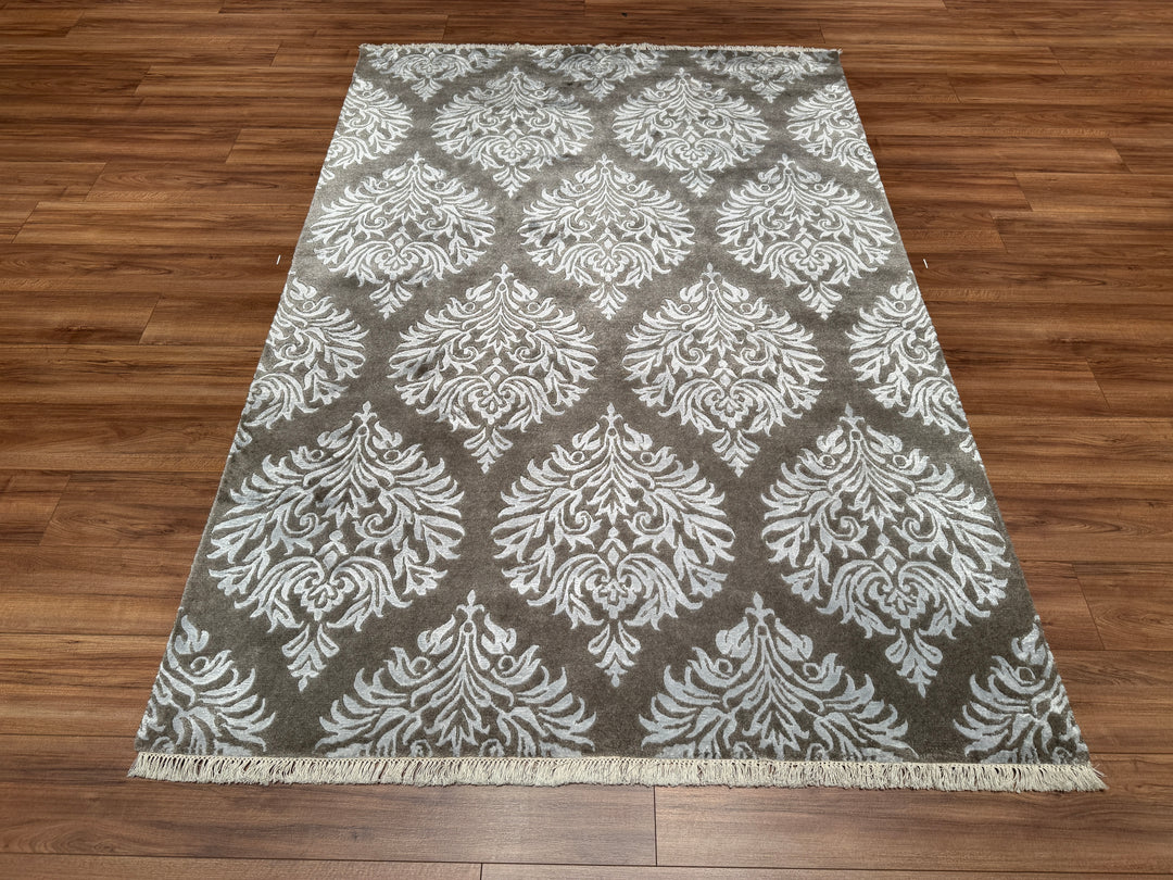 Damask Desenli Orjinal El Dokuması Gri Bambu Halı 169x245 4.14 Metrekare - 5x8 ft