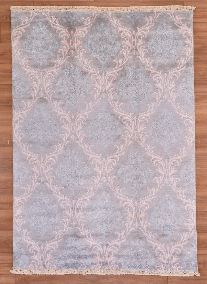 Damask Desenli Orjinal El Dokuması Mavi Bambu Halı 170x240 4.08 Metrekare - 5x8 ft