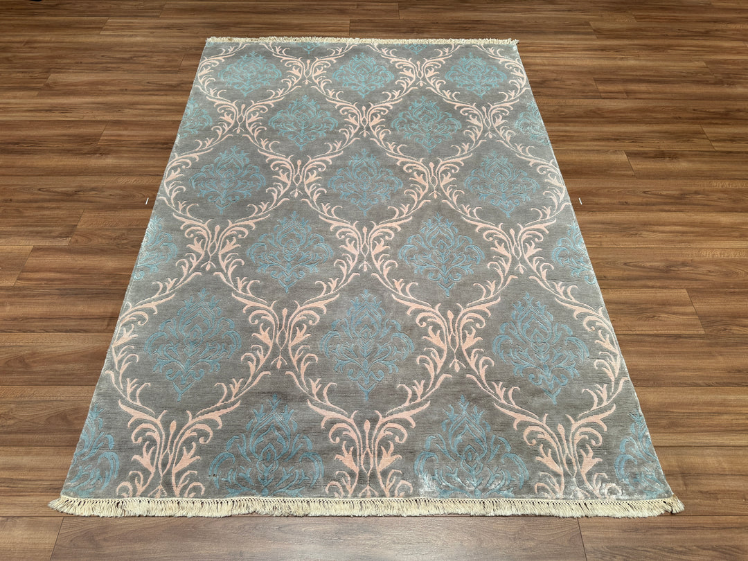 Damask Desenli Orjinal El Dokuması Mavi Bambu Halı 170x240 4.08 Metrekare - 5x8 ft