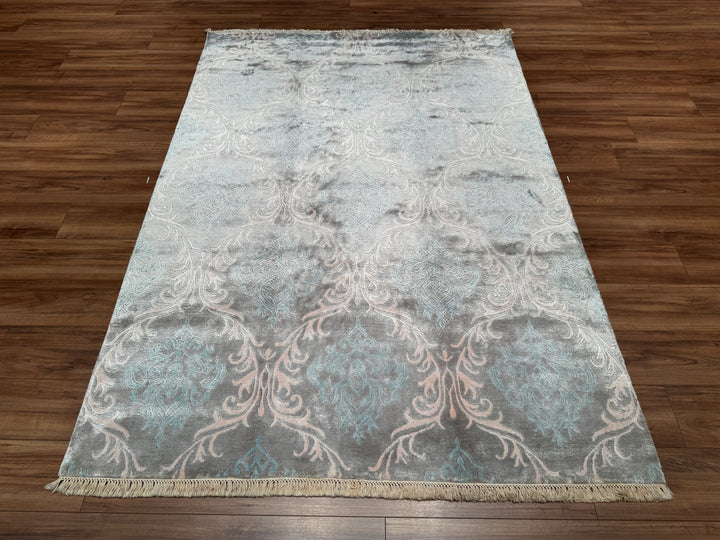 Original Hand Woven Blue Bamboo Carpet with Damask Pattern 170x240 4.08 Square Meters - 5x8 ft