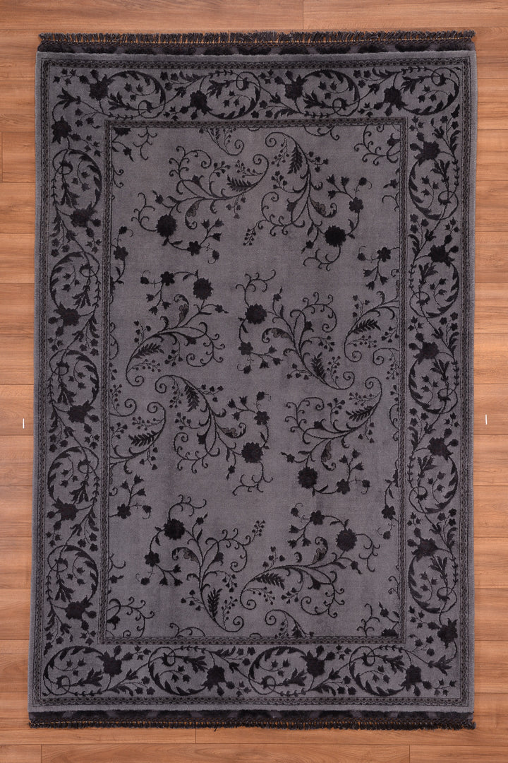 Privat Original Hand Woven Black Wool Silk Carpet 168x248 4.17 Square Meters - 5x8 ft