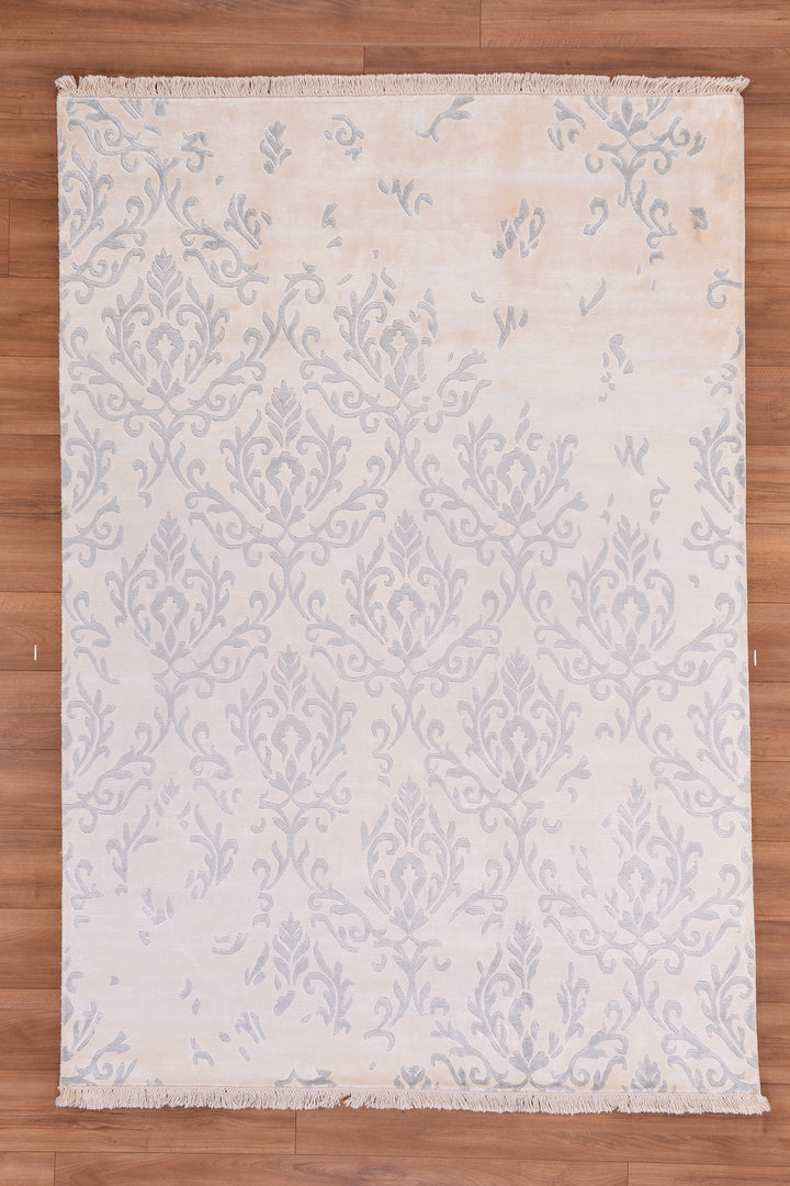 Damask Desenli Orjinal El Dokuması Beyaz Bambu Halı 169x243 4.11 Metrekare - 5x8 ft