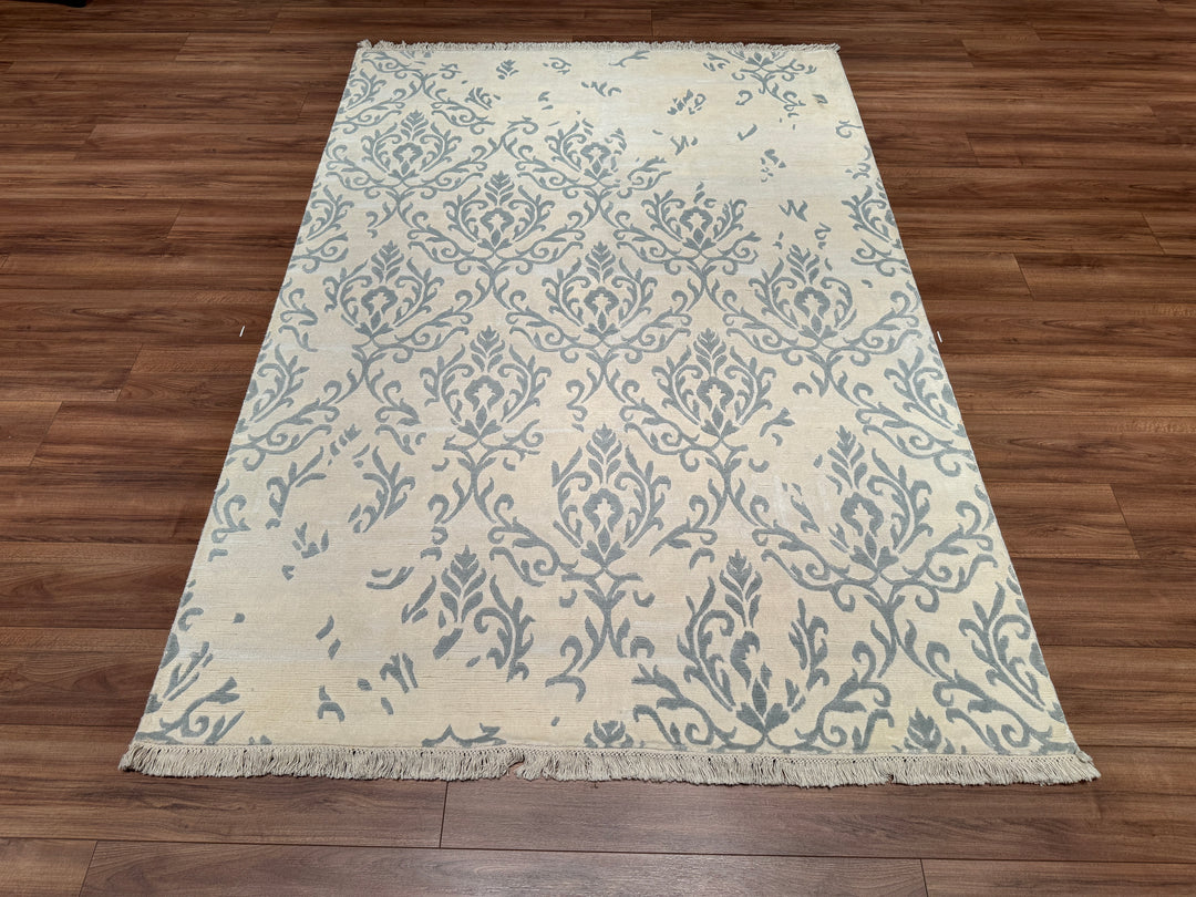 Original Hand Woven White Bamboo Carpet with Damask Pattern 169x243 4.11 Square Meters - 5x8 ft