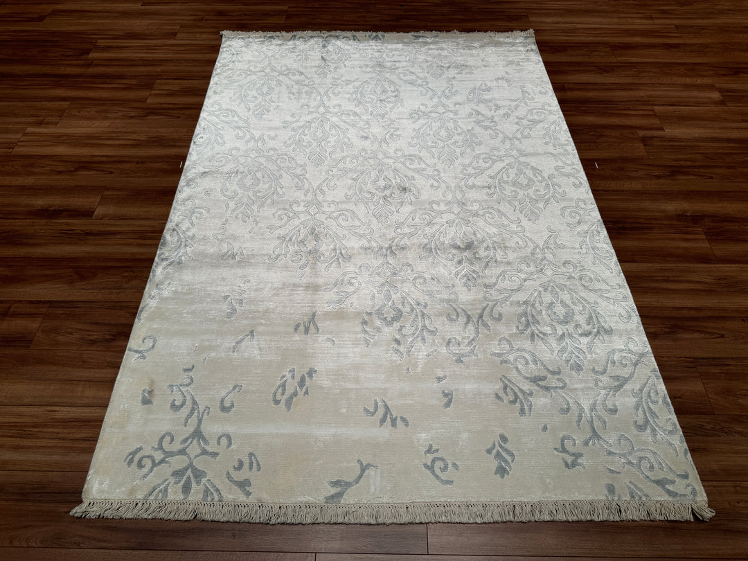 Damask Desenli Orjinal El Dokuması Beyaz Bambu Halı 169x243 4.11 Metrekare - 5x8 ft