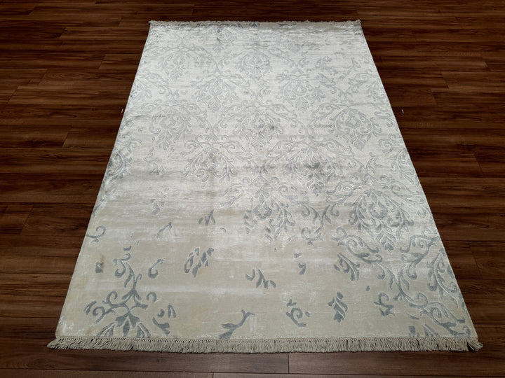 Original Hand Woven White Bamboo Carpet with Damask Pattern 169x243 4.11 Square Meters - 5x8 ft