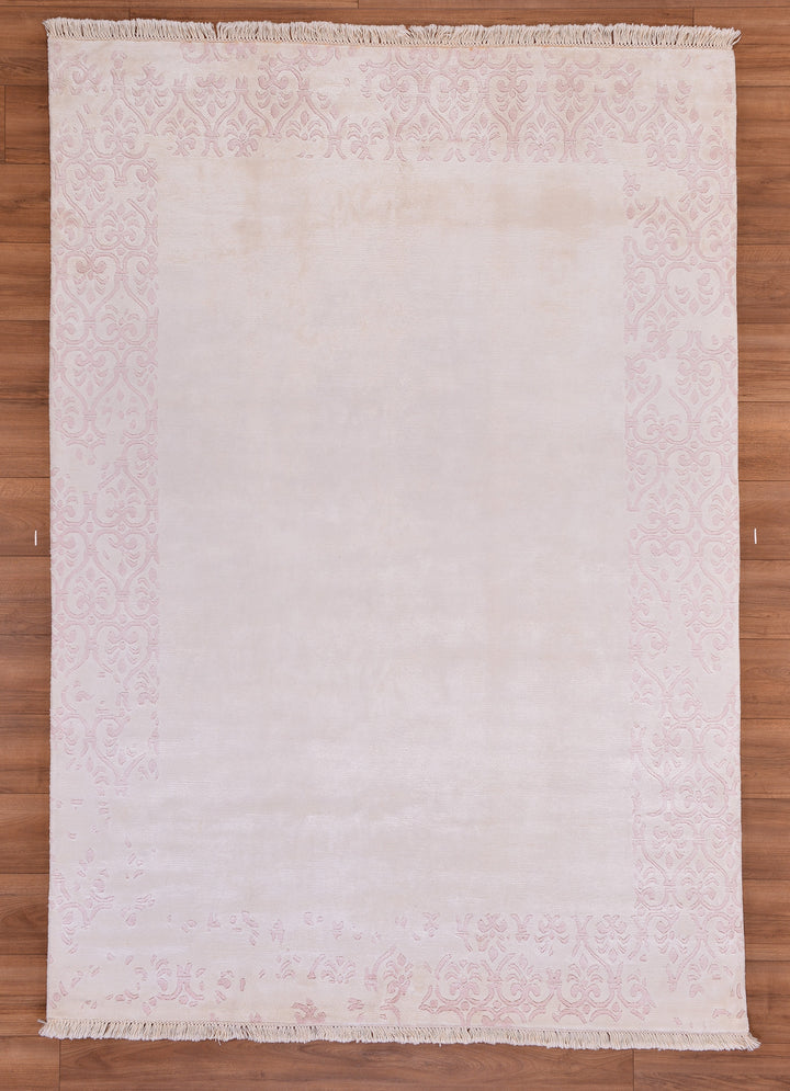 Original Hand Woven Cream Bamboo Carpet with Damask Pattern 169x240 4.06 Square Meters - 5x8 ft