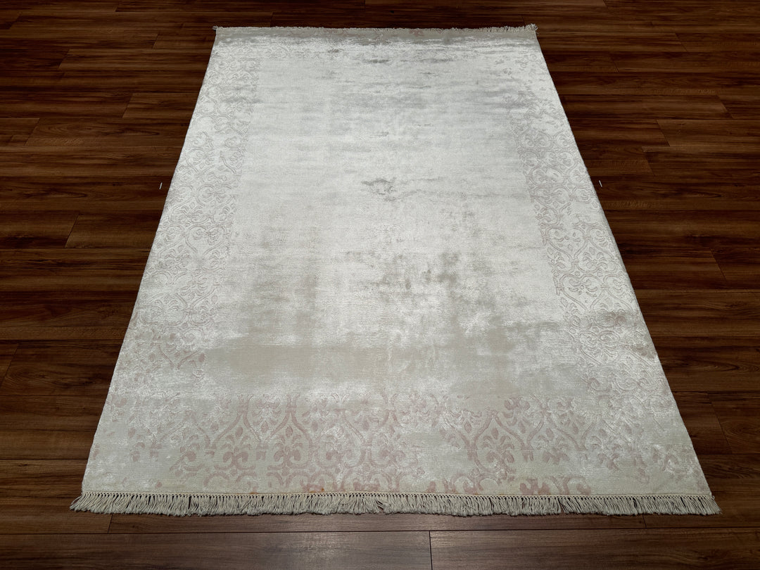 Original Hand Woven Cream Bamboo Carpet with Damask Pattern 169x240 4.06 Square Meters - 5x8 ft