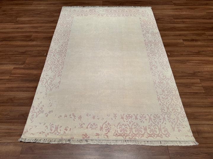 Original Hand Woven Cream Bamboo Carpet with Damask Pattern 169x240 4.06 Square Meters - 5x8 ft