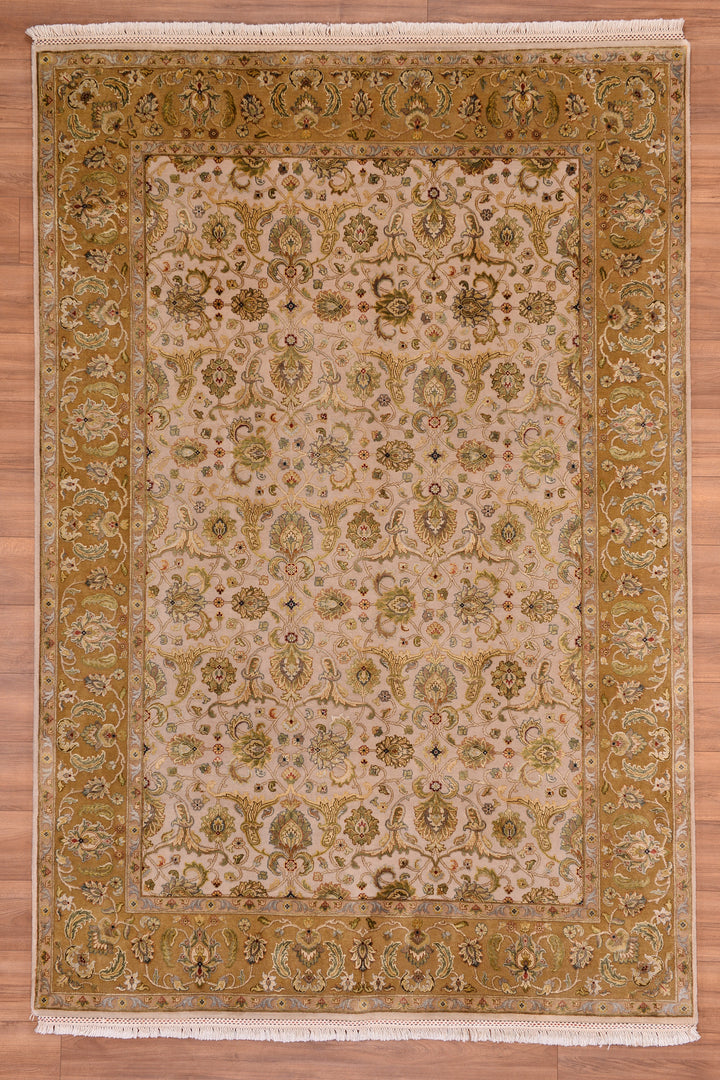 Indian Owl Original Hand Woven Beige Wool Silk Carpet 185x273 5.05 Square Meters - 6x9 ft