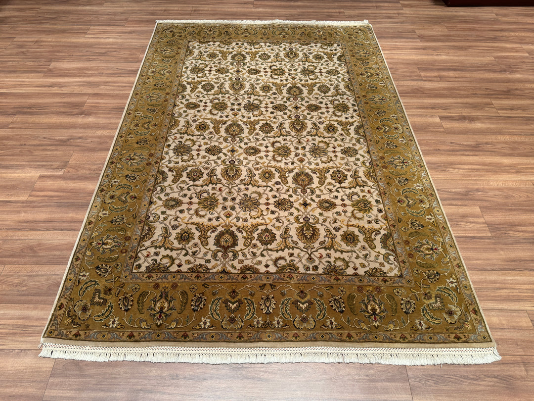 Indian Owl Original Hand Woven Beige Wool Silk Carpet 185x273 5.05 Square Meters - 6x9 ft