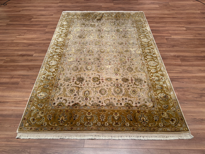 Indian Owl Original Hand Woven Beige Wool Silk Carpet 185x273 5.05 Square Meters - 6x9 ft