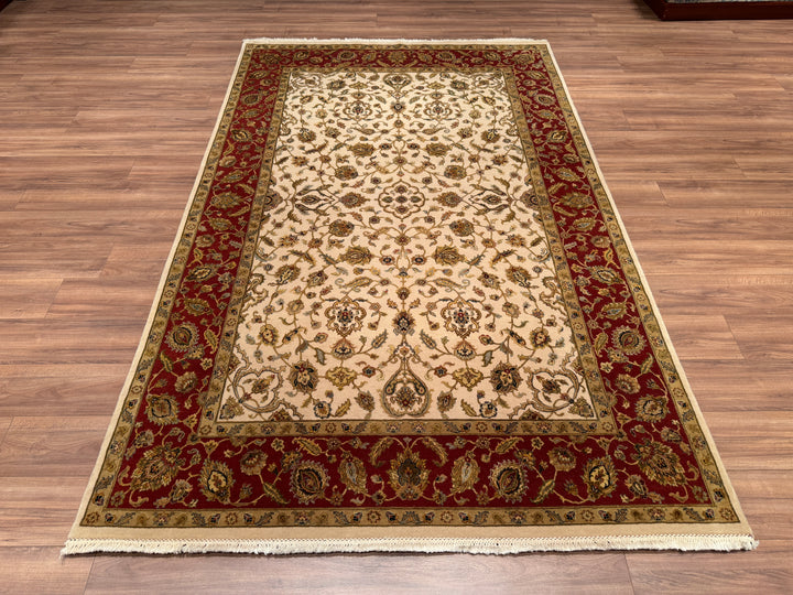 Indian Owl Original Hand Woven Cream Red Wool Silk Carpet 180x284 5.11 Square Meters - 6x9 ft