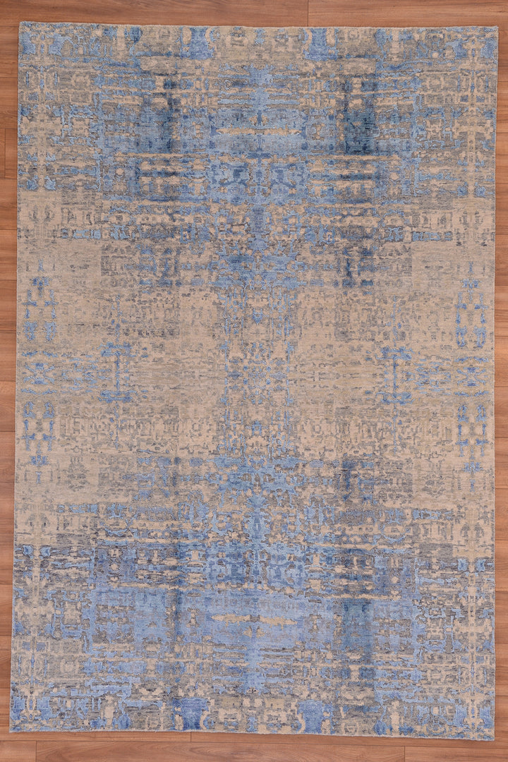 New Diamond Original Hand Woven Gray Turquoise Wool Bamboo Carpet 183x169 4.92 Square Meters - 5x8 ft