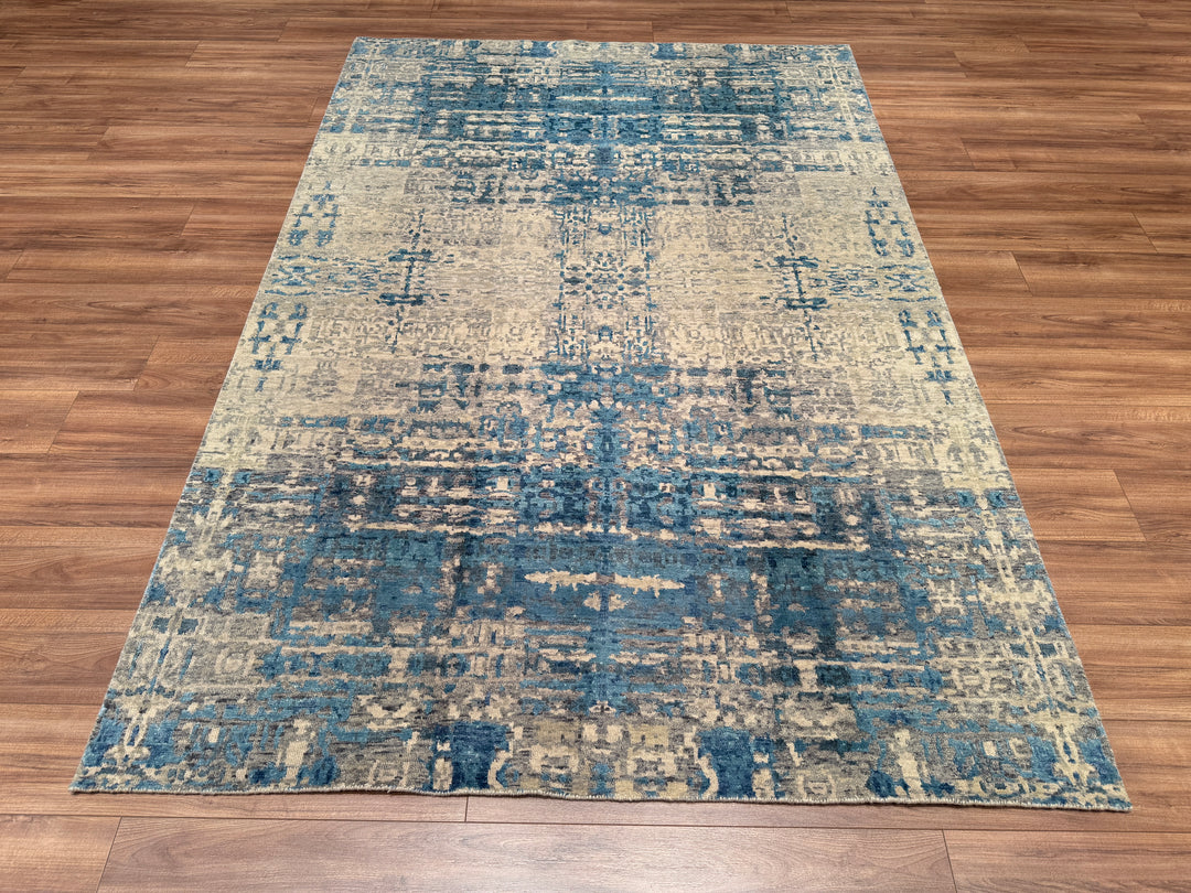 New Diamond Original Hand Woven Gray Turquoise Wool Bamboo Carpet 183x169 4.92 Square Meters - 5x8 ft