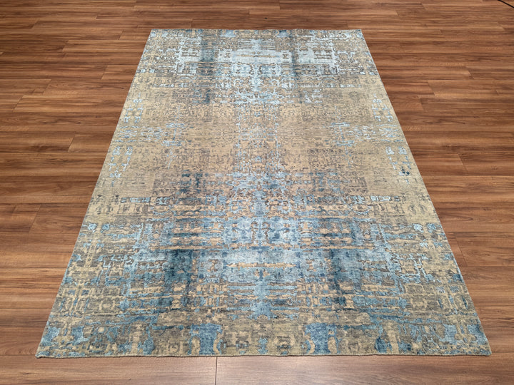 New Diamond Original Hand Woven Gray Turquoise Wool Bamboo Carpet 183x169 4.92 Square Meters - 5x8 ft