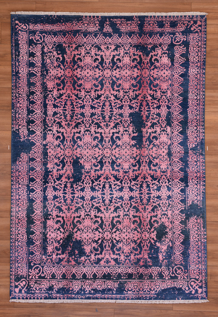 New Diamond Original Hand Woven Navy Blue Pink Wool Bamboo Carpet 171x249 4.26 Square Meters - 5x8 ft