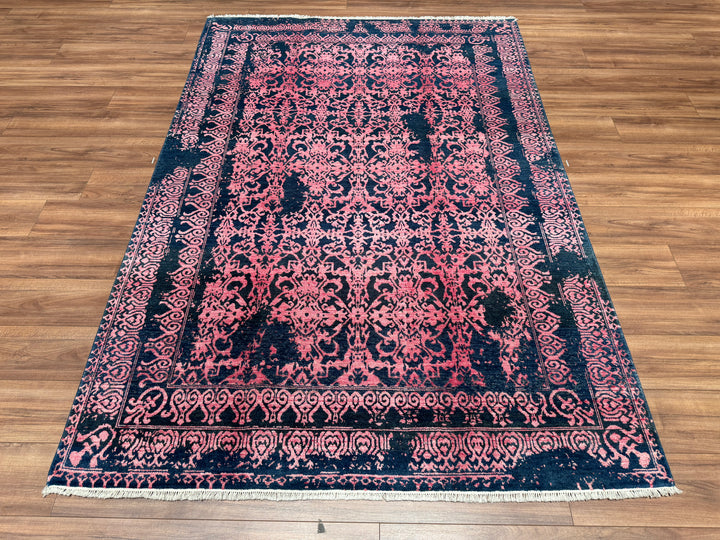 New Diamond Original Hand Woven Navy Blue Pink Wool Bamboo Carpet 171x249 4.26 Square Meters - 5x8 ft