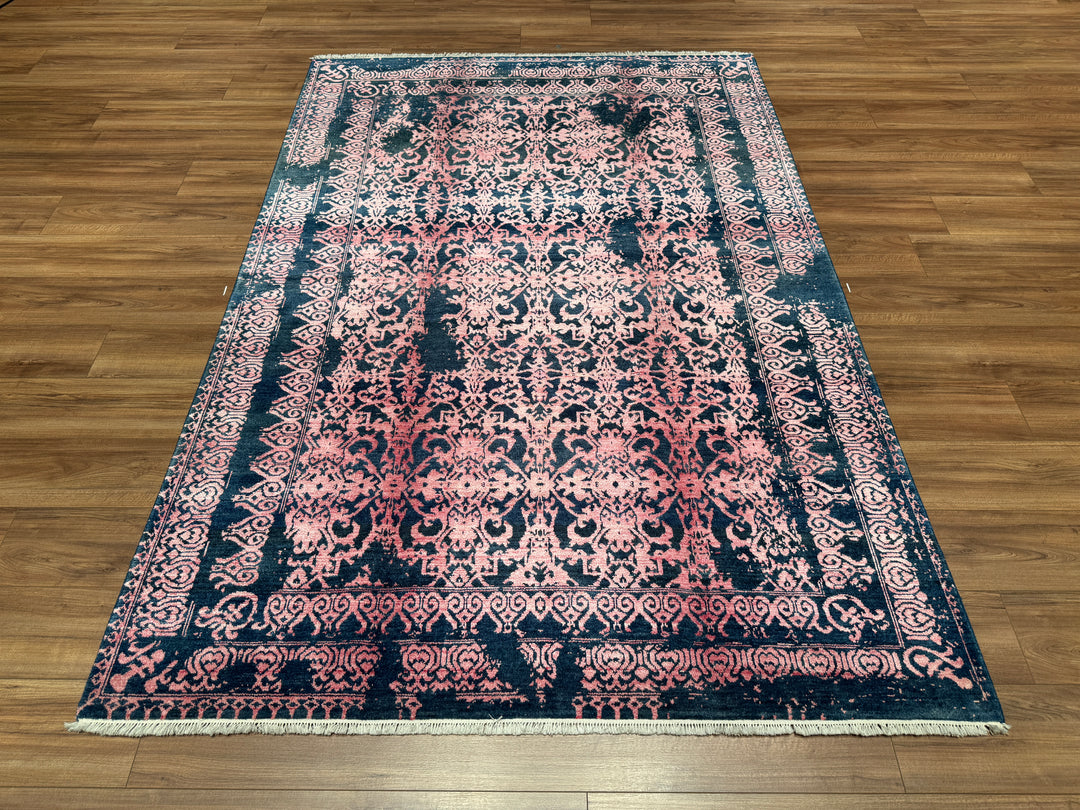 New Diamond Orjinal El Dokuması Lacivert Pembe Yün Bambu Halı 171x249 4.26 Metrekare - 5x8 ft