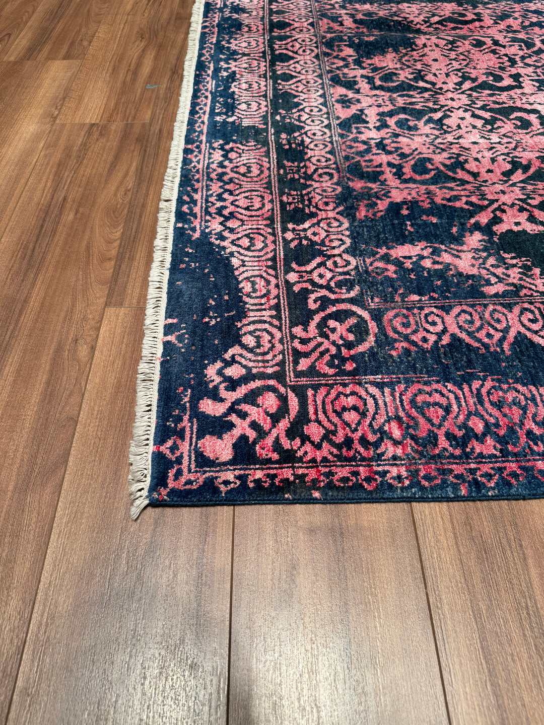 New Diamond Original Hand Woven Navy Blue Pink Wool Bamboo Carpet 171x249 4.26 Square Meters - 5x8 ft