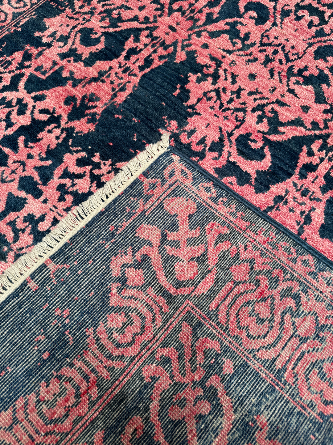 New Diamond Original Hand Woven Navy Blue Pink Wool Bamboo Carpet 171x249 4.26 Square Meters - 5x8 ft