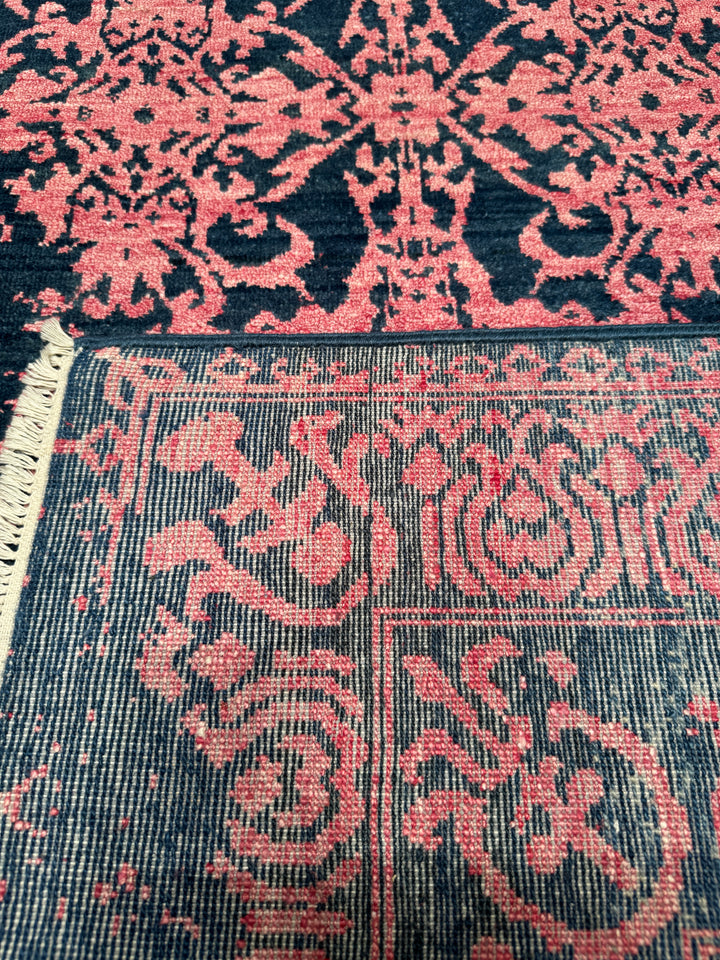 New Diamond Original Hand Woven Navy Blue Pink Wool Bamboo Carpet 171x249 4.26 Square Meters - 5x8 ft