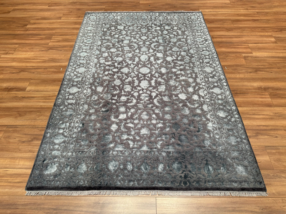 Indian Owl Original Hand Woven Gray Wool Bamboo Carpet 168x247 4.15 Square Meters - 5x8 ft