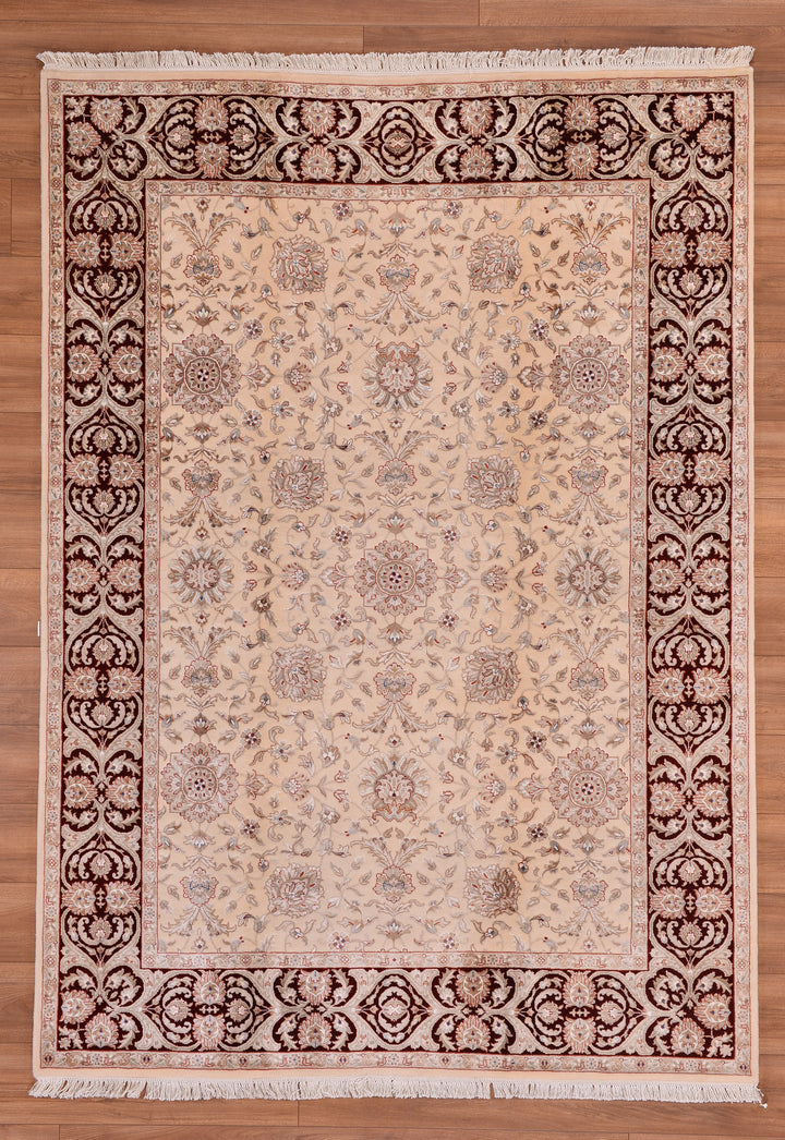 Indian Ushagi Original Hand Woven Cream Burgundy Wool Bamboo Carpet 176x247 4.35 Square Meters - 5x8 ft