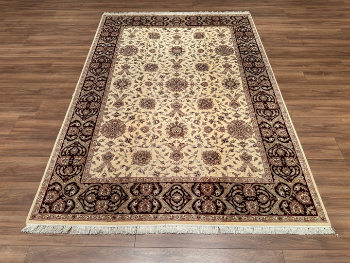 Indian Ushagi Original Hand Woven Cream Burgundy Wool Bamboo Carpet 176x247 4.35 Square Meters - 5x8 ft