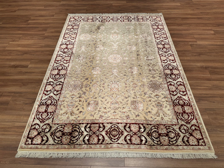 Indian Ushagi Original Hand Woven Cream Burgundy Wool Bamboo Carpet 176x247 4.35 Square Meters - 5x8 ft