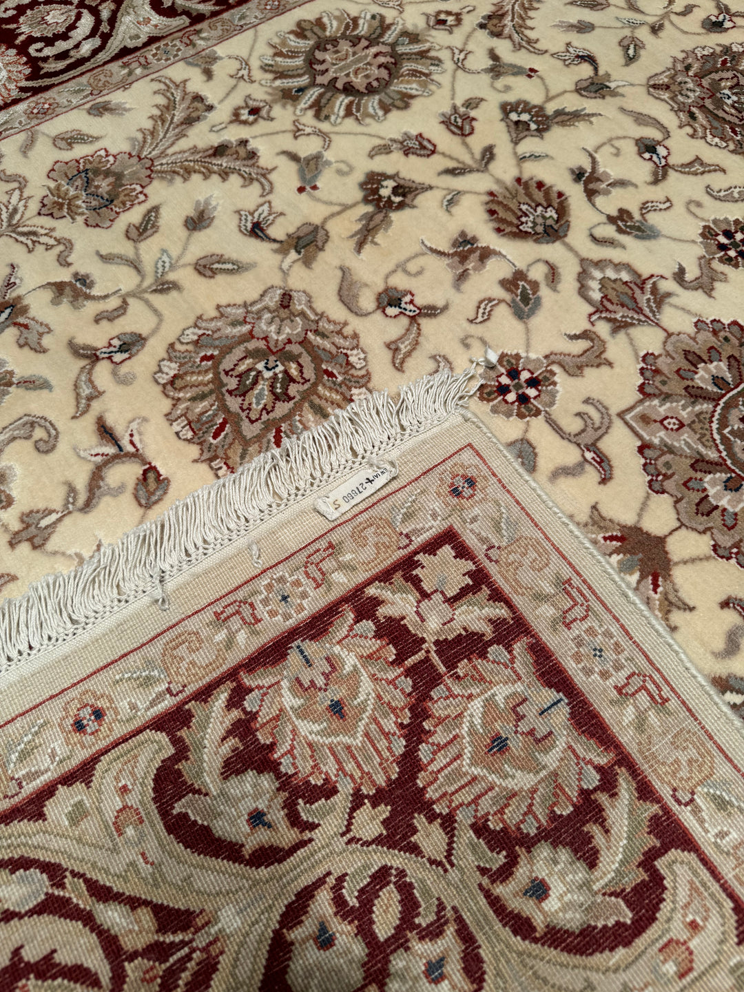 Indian Ushagi Original Hand Woven Cream Burgundy Wool Bamboo Carpet 176x247 4.35 Square Meters - 5x8 ft