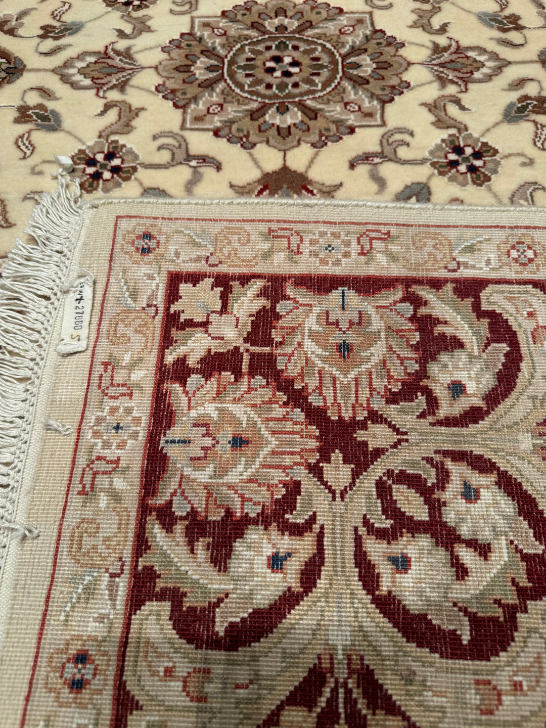 Indian Ushagi Original Hand Woven Cream Burgundy Wool Bamboo Carpet 176x247 4.35 Square Meters - 5x8 ft