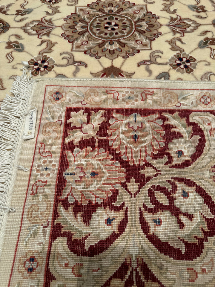 Indian Ushagi Original Hand Woven Cream Burgundy Wool Bamboo Carpet 176x247 4.35 Square Meters - 5x8 ft