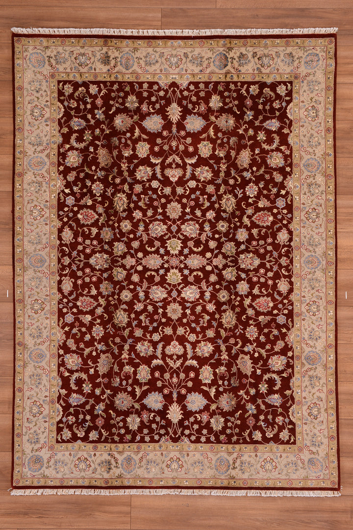 Indian Owl Original Hand Woven Red Cream Wool Bamboo Carpet 168x234 3.93 Square Meters - 5x8 ft