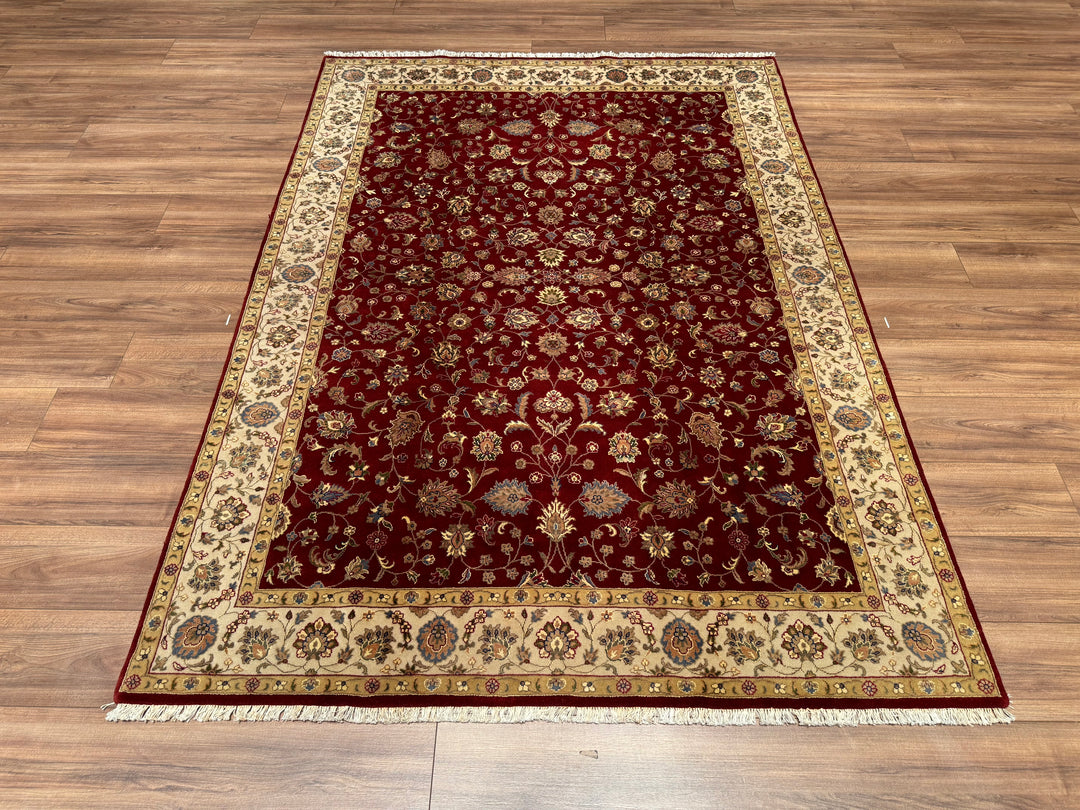 Indian Owl Original Hand Woven Red Cream Wool Bamboo Carpet 168x234 3.93 Square Meters - 5x8 ft