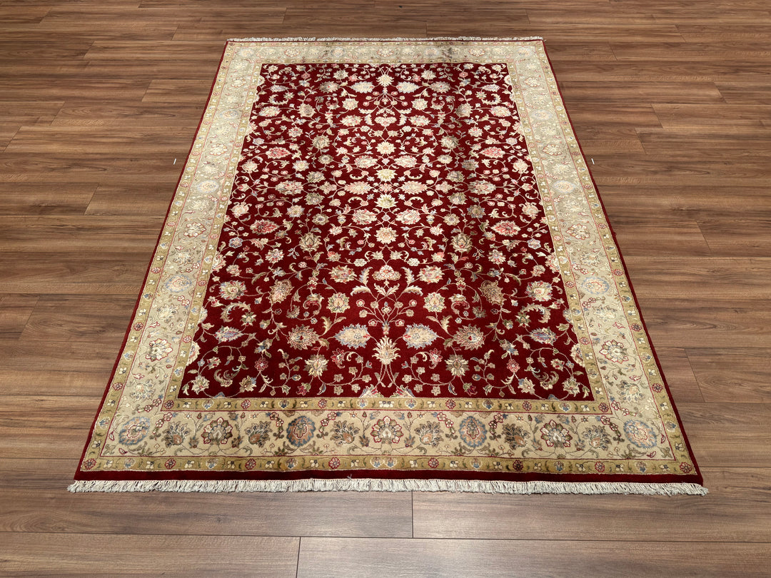 Indian Owl Original Hand Woven Red Cream Wool Bamboo Carpet 168x234 3.93 Square Meters - 5x8 ft