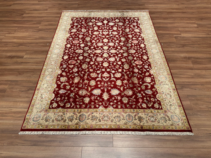 Indian Owl Original Hand Woven Red Cream Wool Bamboo Carpet 168x234 3.93 Square Meters - 5x8 ft