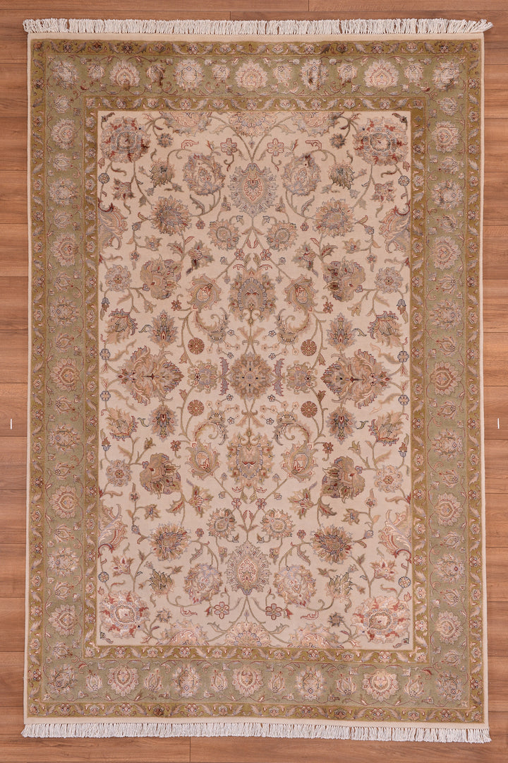 Indian Owl Original Hand Woven Cream Green Wool Bamboo Carpet 166x249 4.13 Square Meters - 5x8 ft