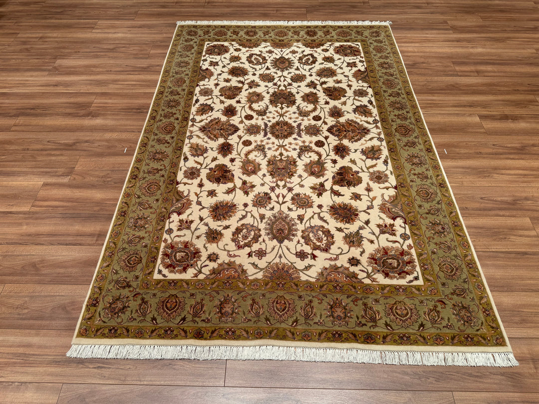 Indian Owl Original Hand Woven Cream Green Wool Bamboo Carpet 166x249 4.13 Square Meters - 5x8 ft