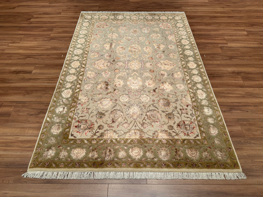 Indian Owl Original Hand Woven Cream Green Wool Bamboo Carpet 166x249 4.13 Square Meters - 5x8 ft