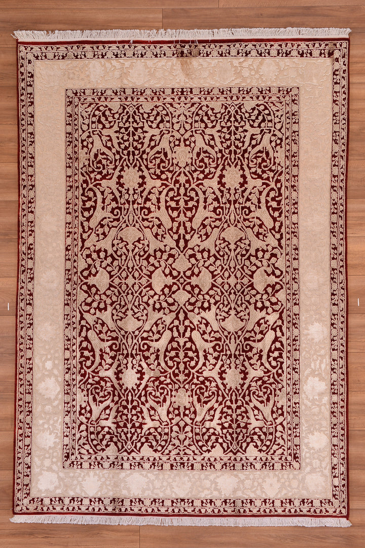 Indian Owl Original Hand Woven Cream Red Wool Bamboo Carpet 165x239 3.94 Square Meters - 5x8 ft